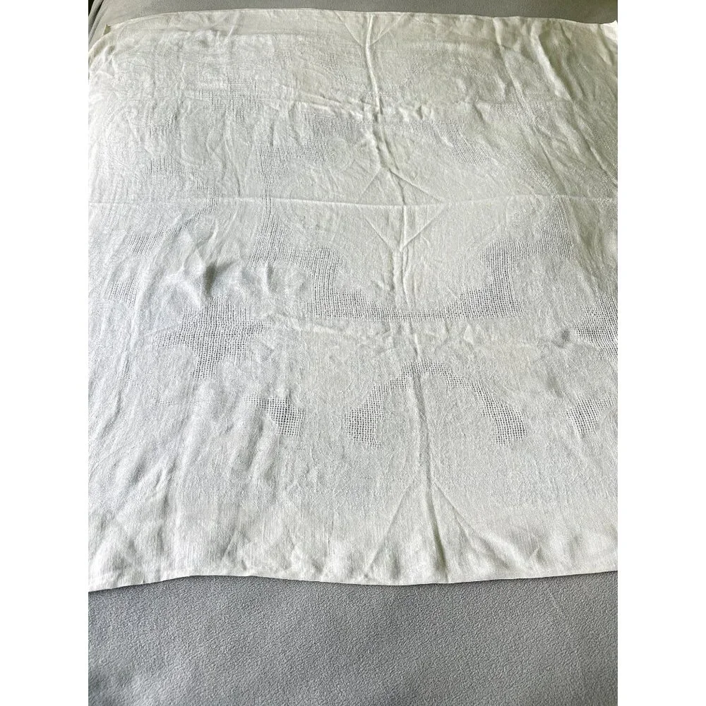 Vintage Linen Tablecloth 52x51 Rectangle 52x51 Embossed Ivory White Damask